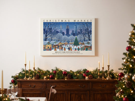 Poster featuring the Bryant Park Winter Village in New York with festive market stalls.