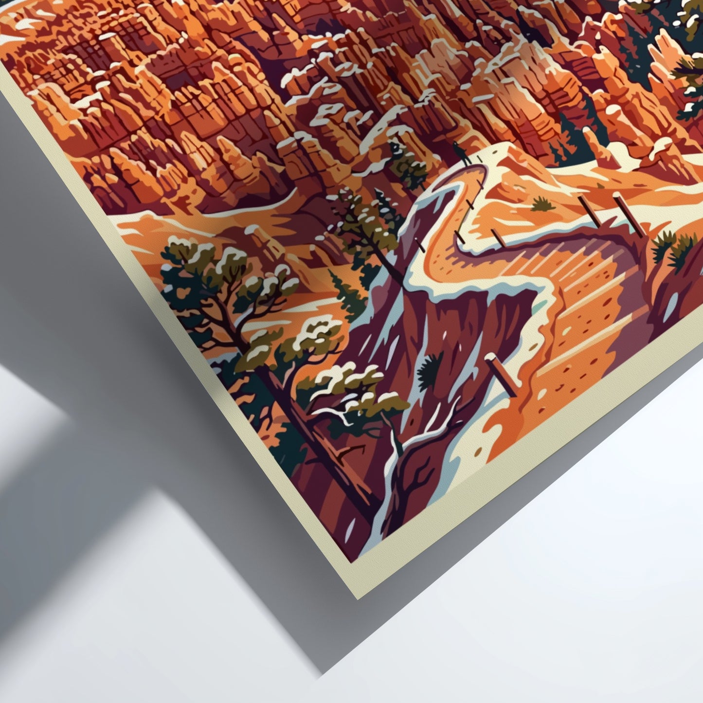 Travel poster of Bryce Canyon National Park showing orange rock formations and snow.