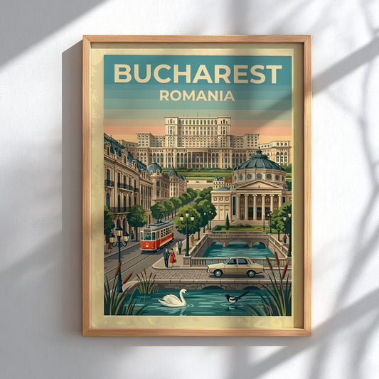 Travel poster of Bucharest Romania featuring a vintage tram and the Palace architecture.