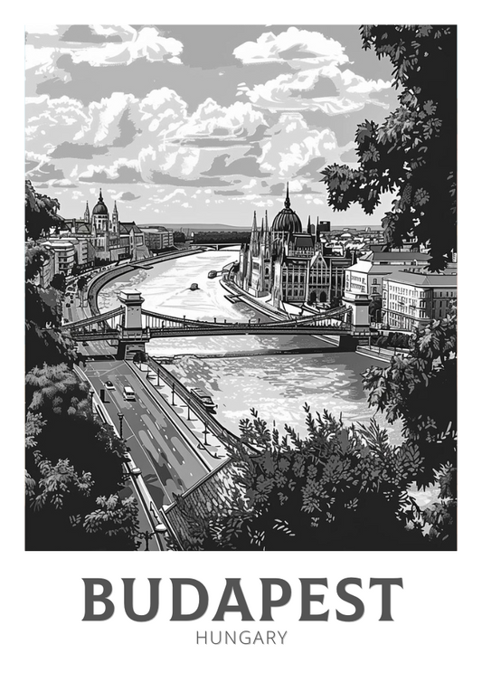 Affiche de voyage noir et blanc de Budapest - Illustration hongroise
