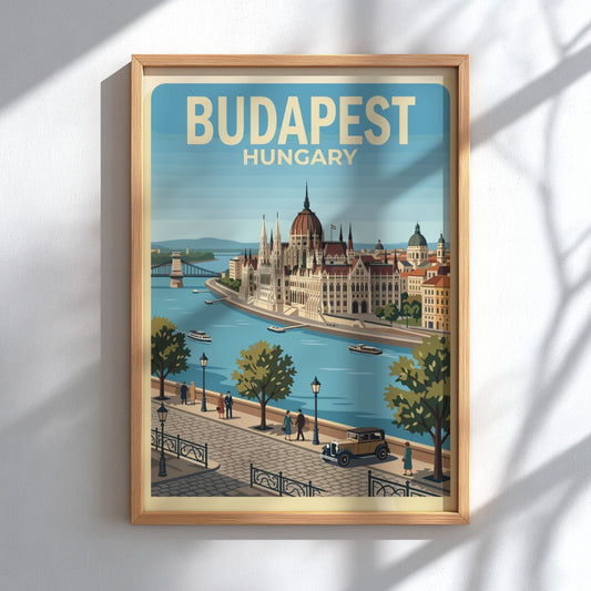 Vintage travel poster of Budapest Hungary featuring the Parliament building and river scenes.