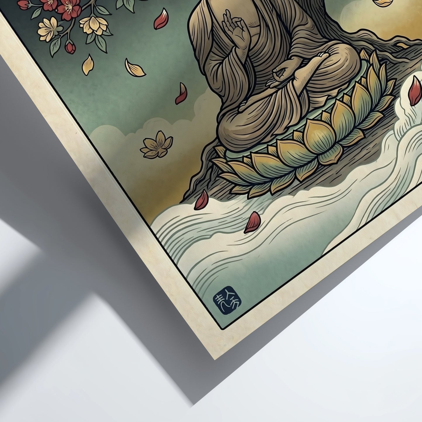 Buddha Blossom Tree poster featuring serene Buddha under a flowering tree in Japanese art style