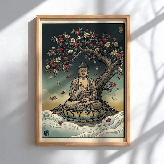 Buddha Blossom Tree poster featuring serene Buddha under a flowering tree in Japanese art style