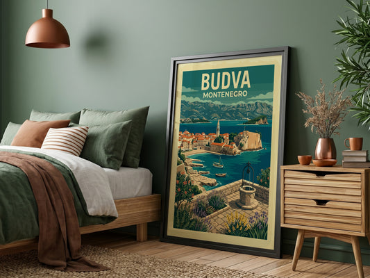 Stylized travel poster of Budva, Montenegro, featuring coastal town and sea.