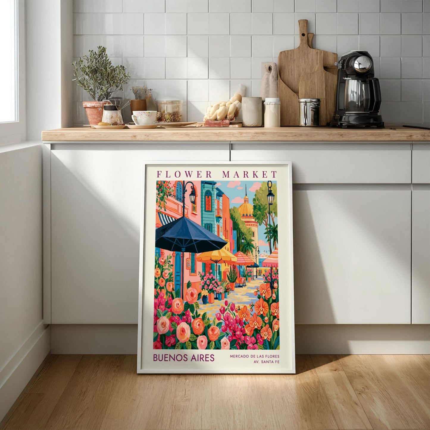 Flower market poster featuring vibrant colors and city scenery, ideal for home decor