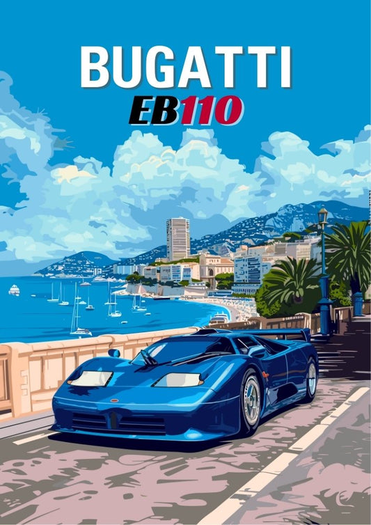 Impression Bugatti EB110 des années 1990 – Décoration murale vintage de supercar italienne