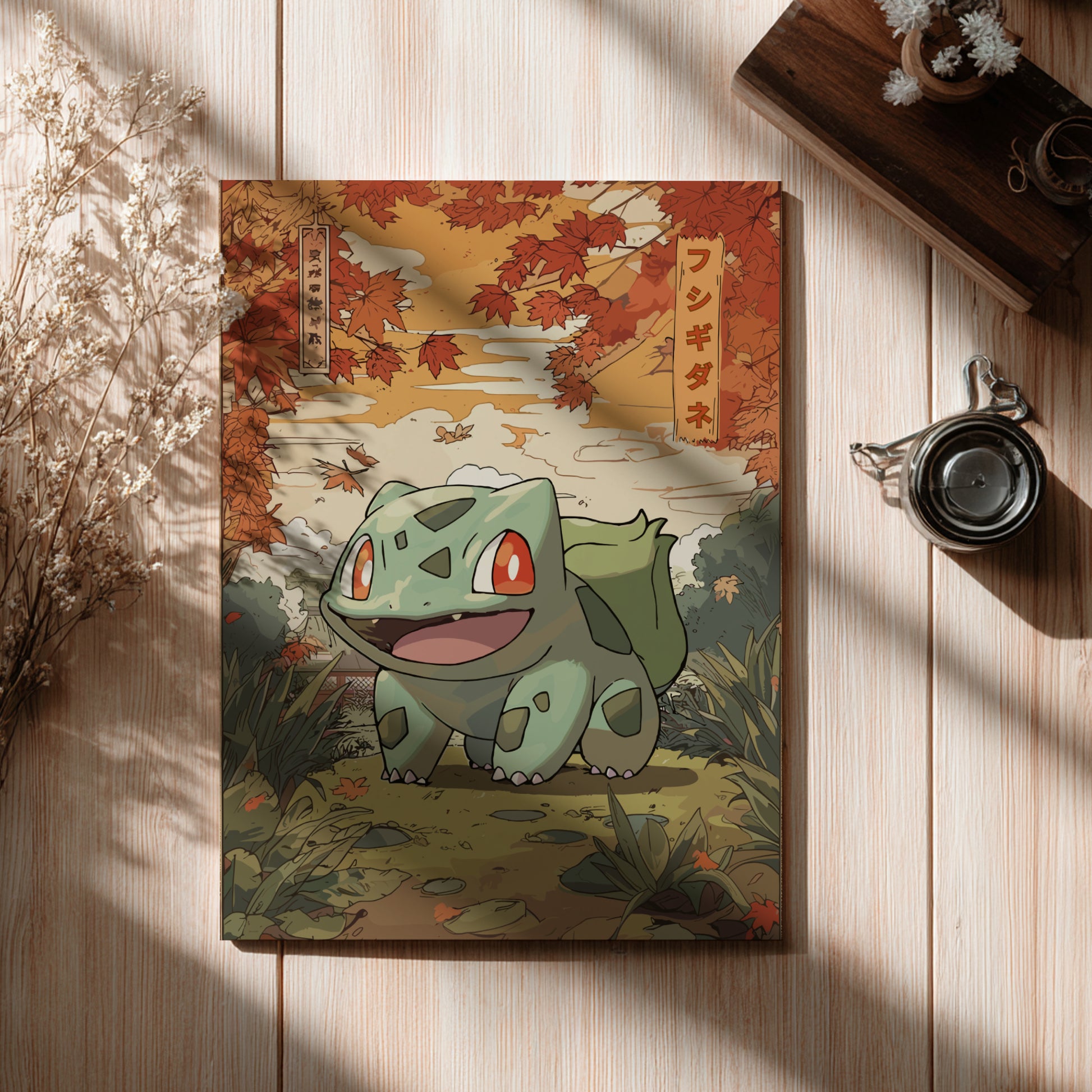 Illustration of Bulbasaur Pokemon on a wooden surface with autumn leaves.