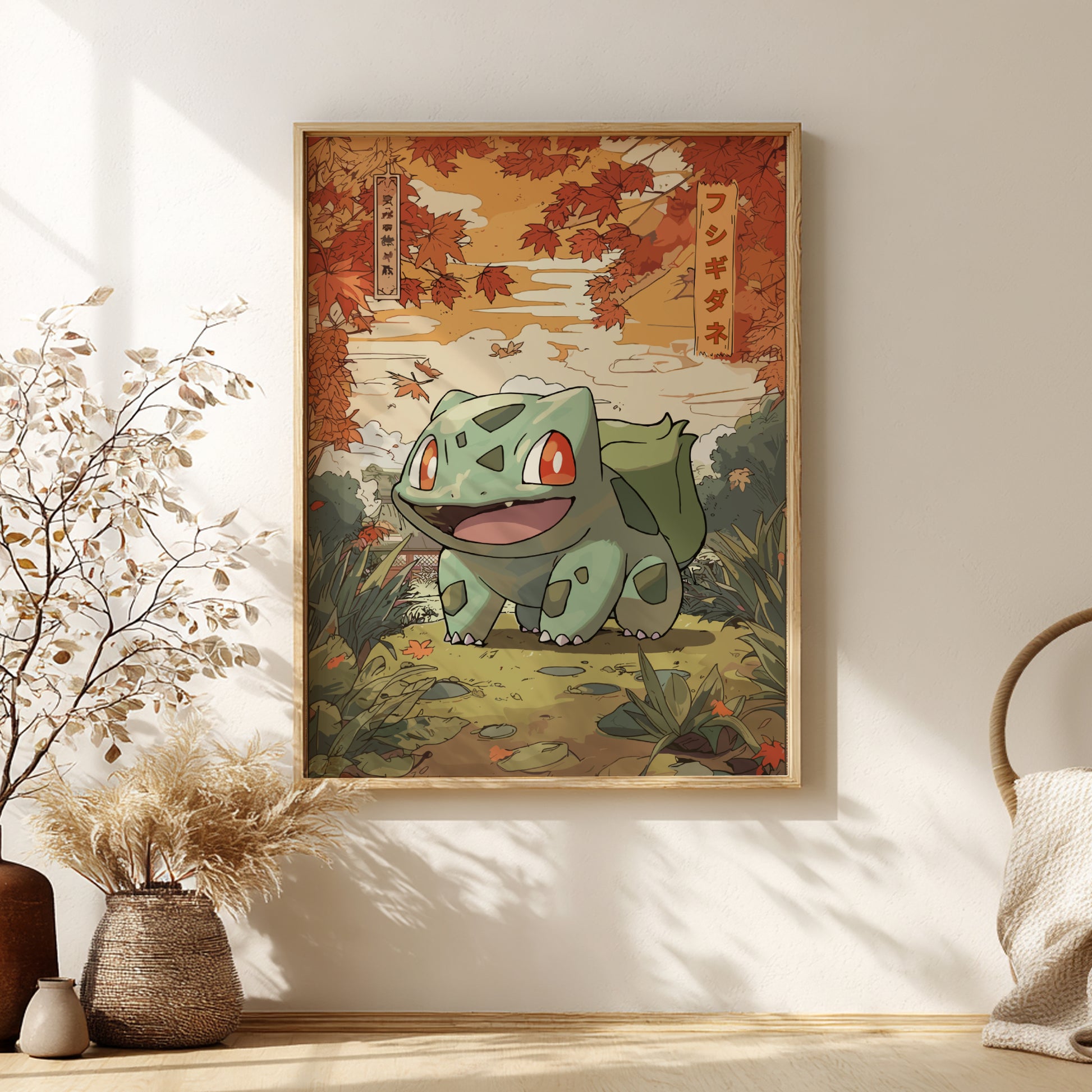 Framed artwork of Bulbasaur Pokemon character in a natural setting on a wall.