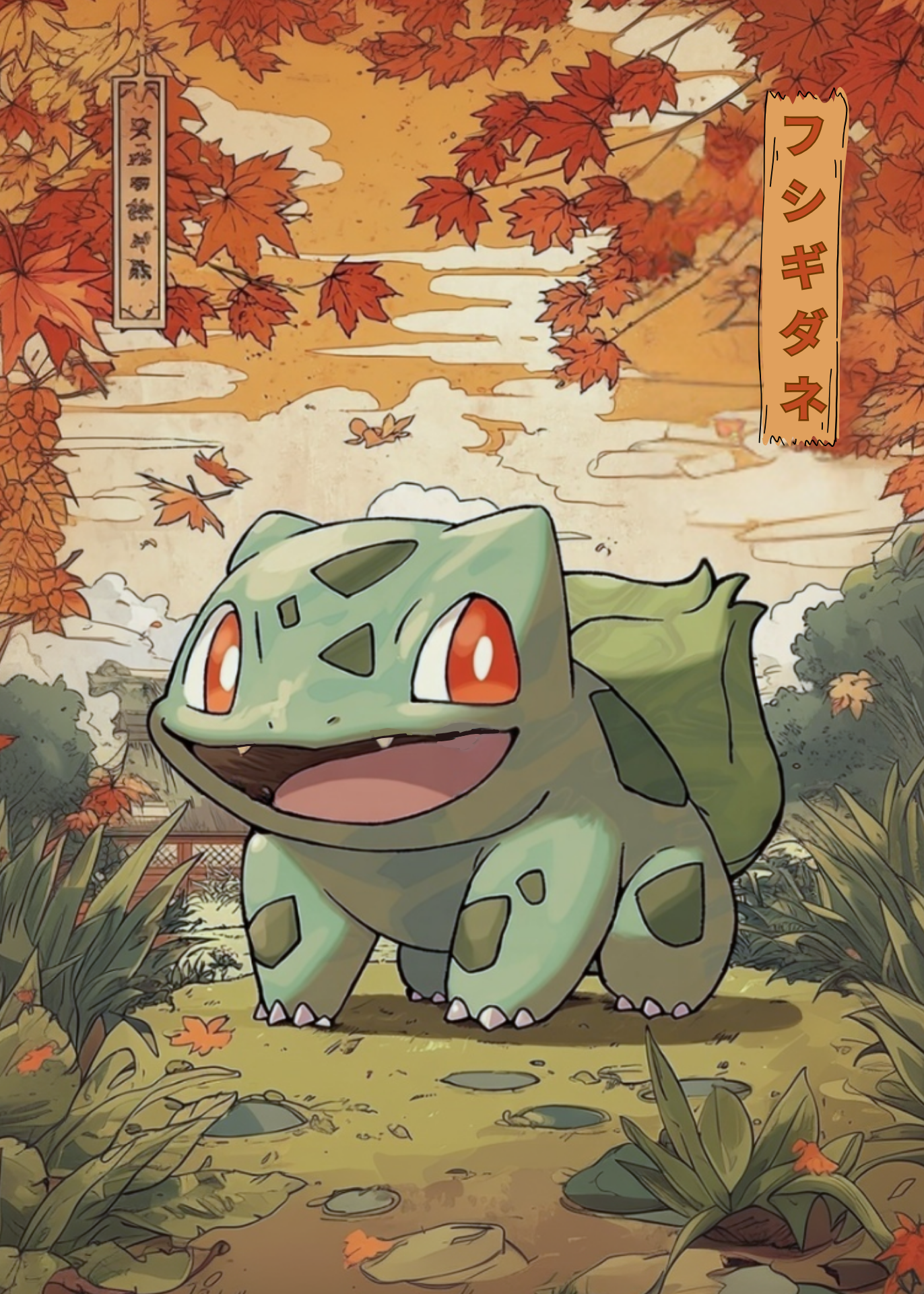Bulbasaur Pokemon in a forest with autumn leaves