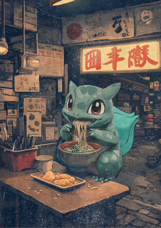 An illustrated poster of Bulbasaur from Pokémon eating a bowl of ramen noodles in a Japanese style setting.