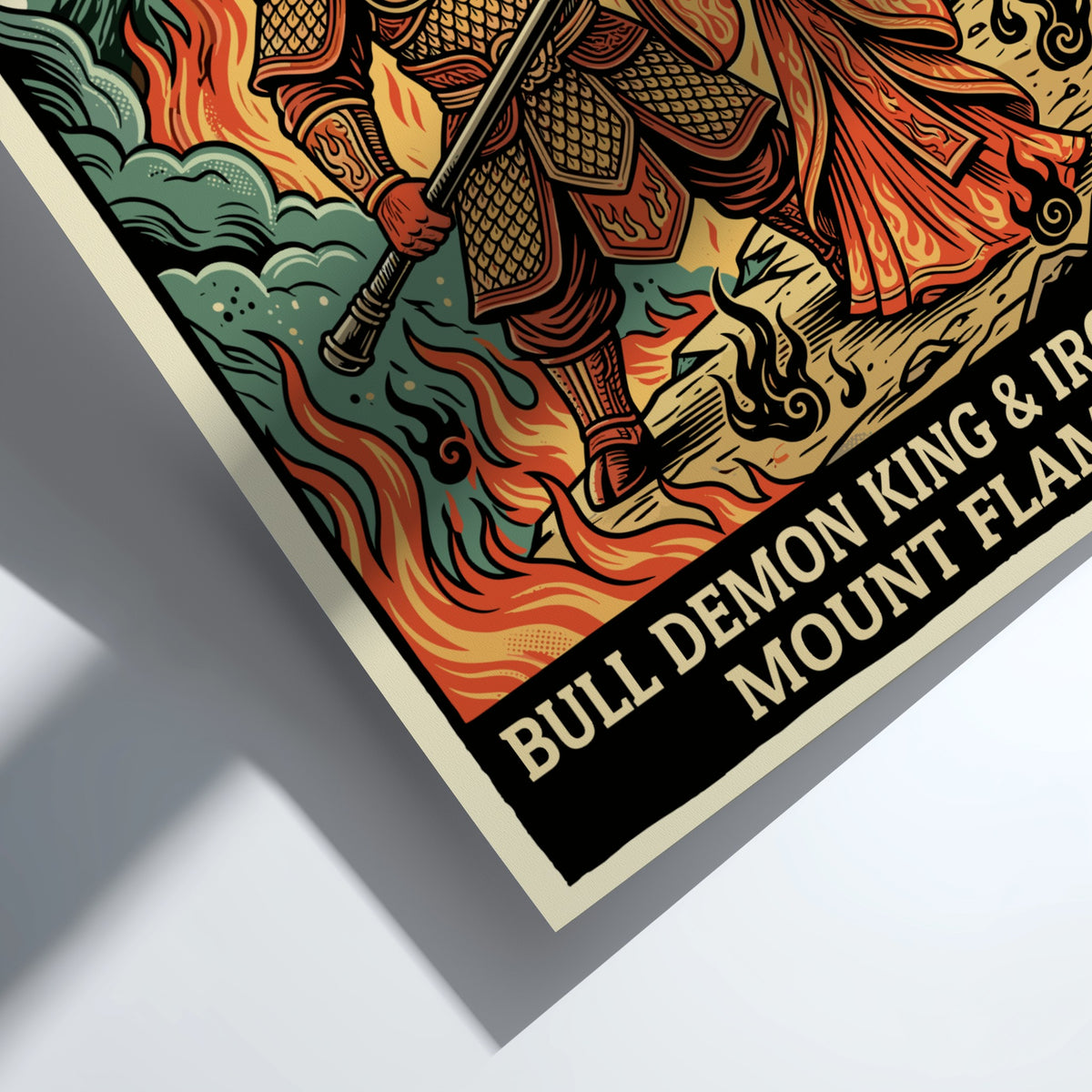 Poster featuring Bull Demon King and Princess Iron Fan standing before Mount Flame flames.