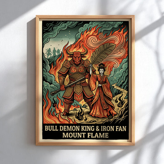 Poster featuring Bull Demon King and Princess Iron Fan standing before Mount Flame flames.