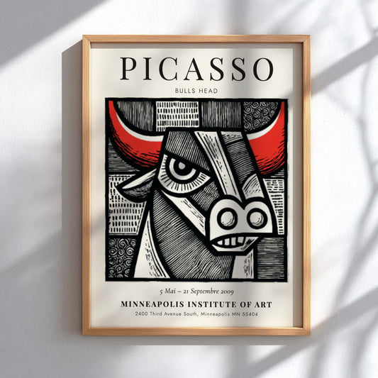 Bulls Head poster featuring bold lines and vibrant colors inspired by Picasso's artwork