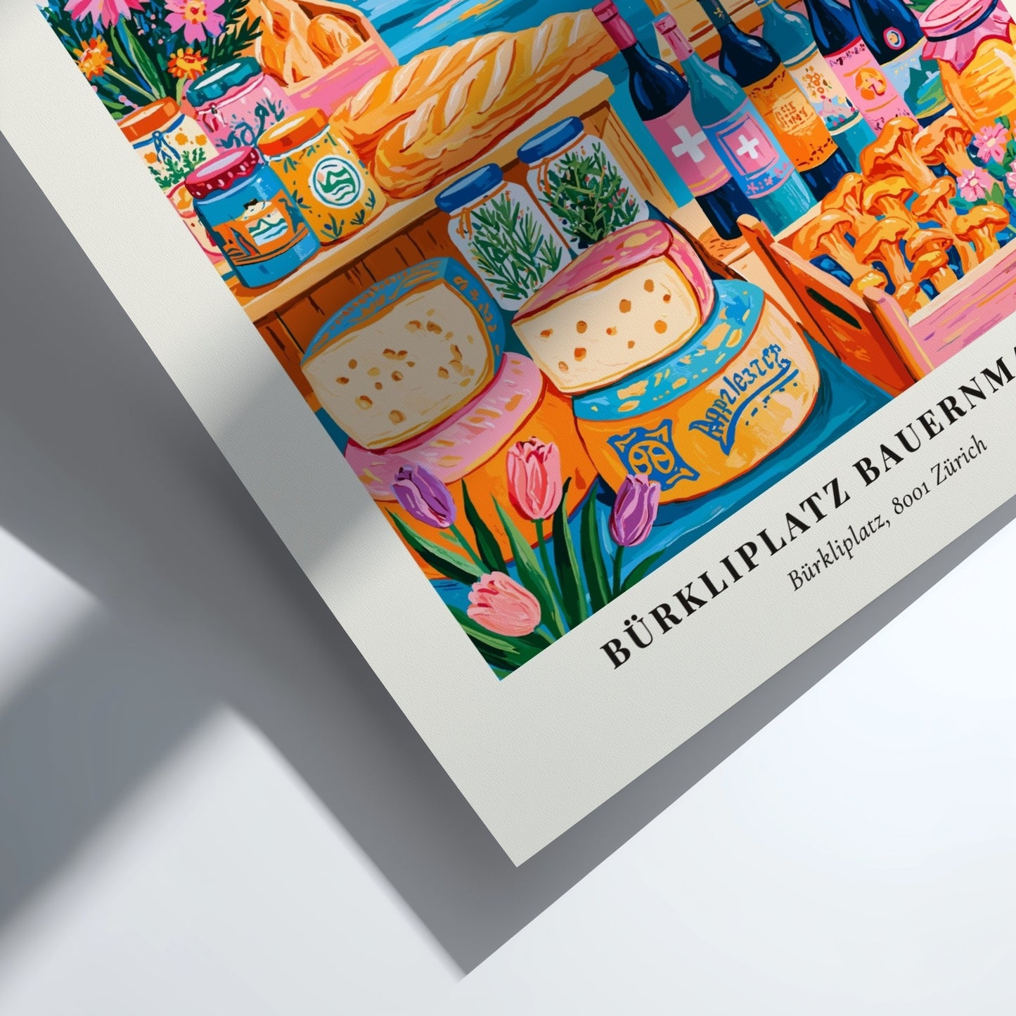 Farmers market poster featuring vibrant colors and Zürich cityscape