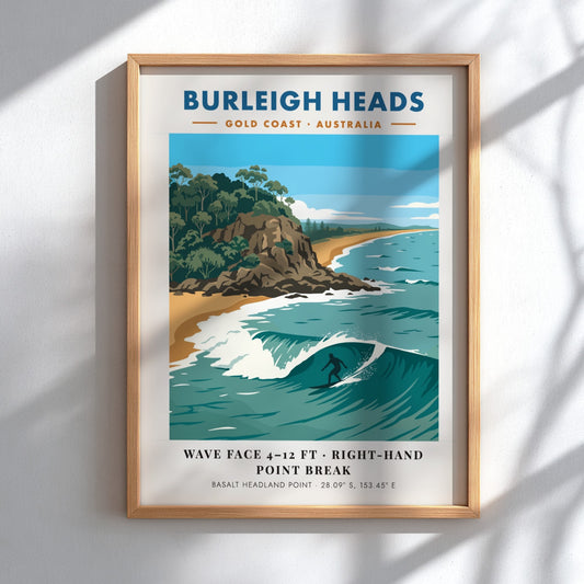 Burleigh Heads surf poster showing a lone surfer on a wave near headlands