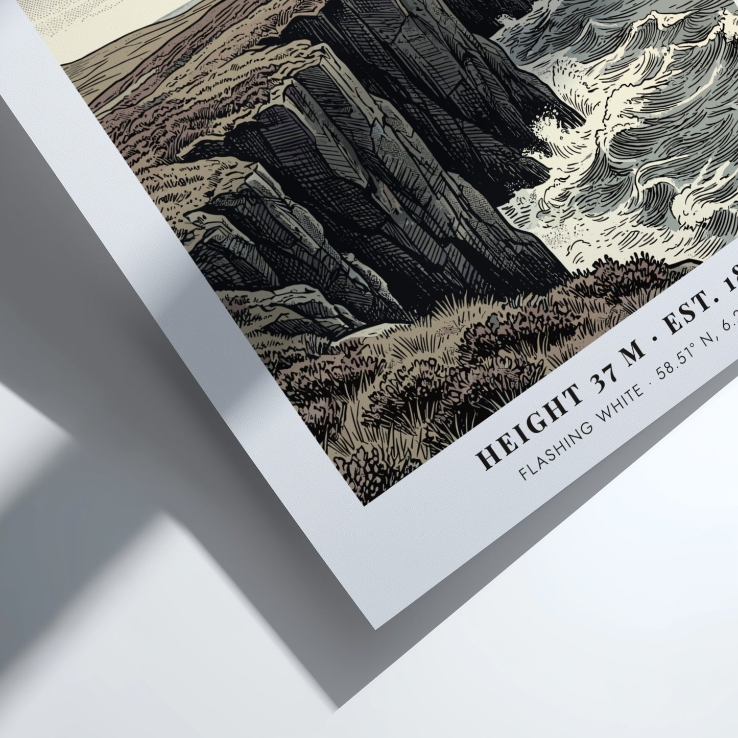 Poster of the Butt of Lewis lighthouse standing on rugged cliffs above sea waves.