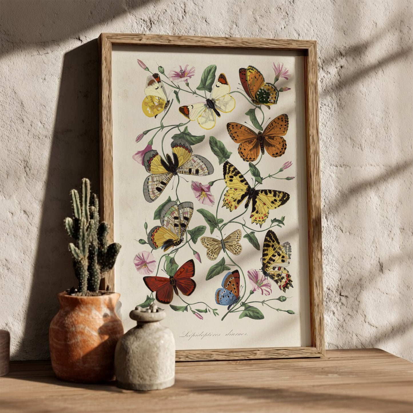 Vintage poster of Paul Gervais' butterfly and moth painting with flowers and foliage.