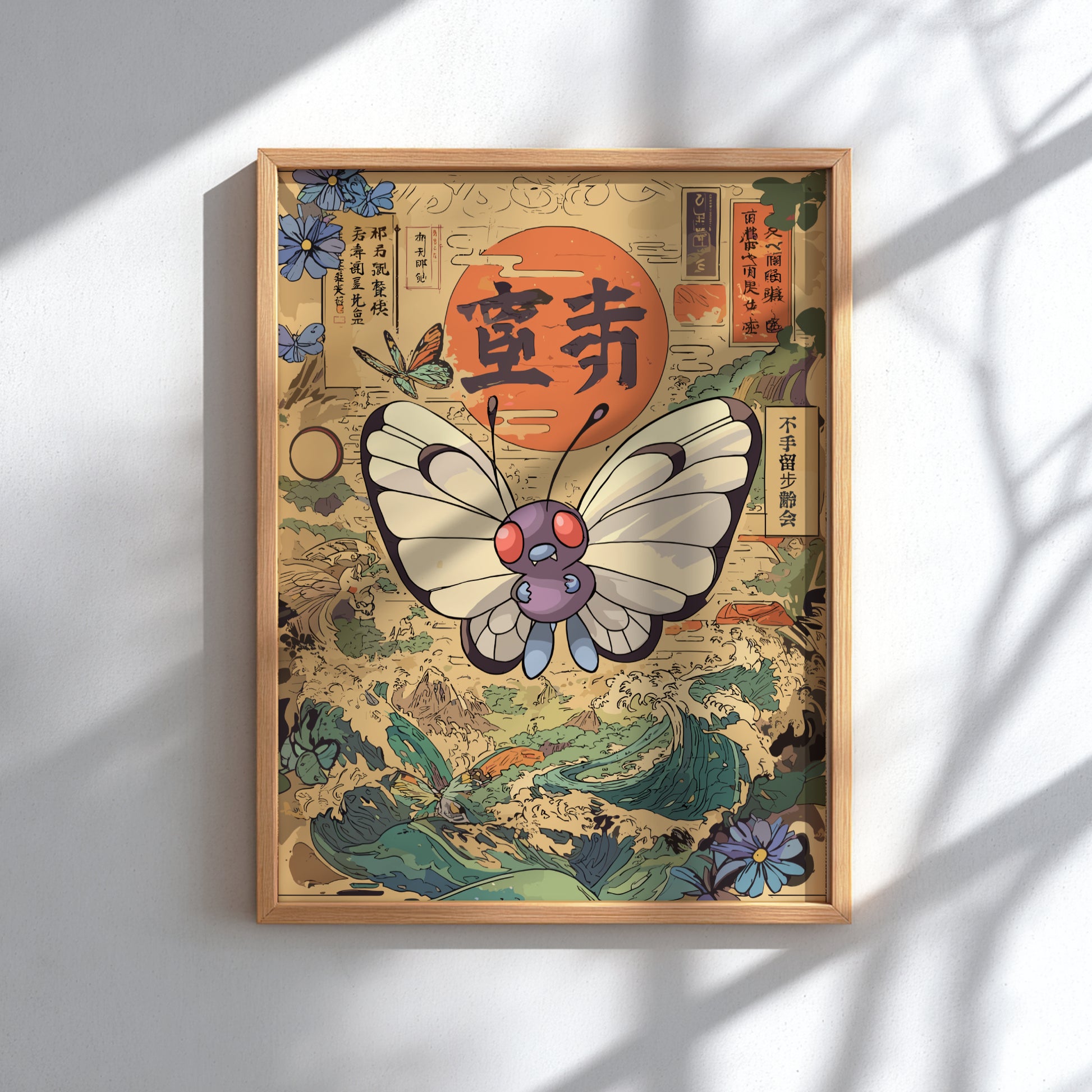 Framed artwork with Butterfree Pokemon design and Japanese text on a light background