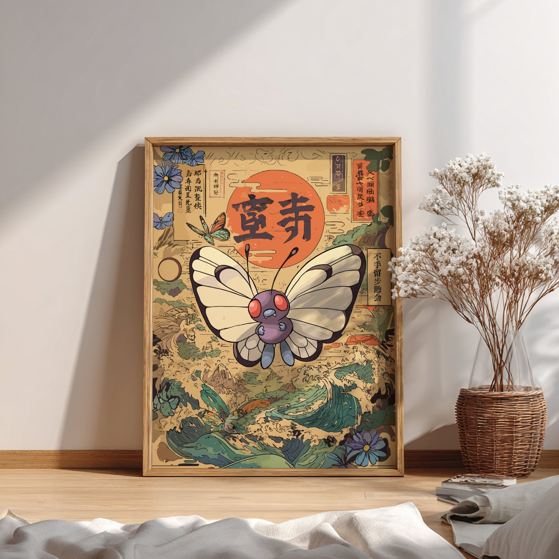Framed artwork with Butterfree Pokemon design on a wall in a room with a plant and decor items.