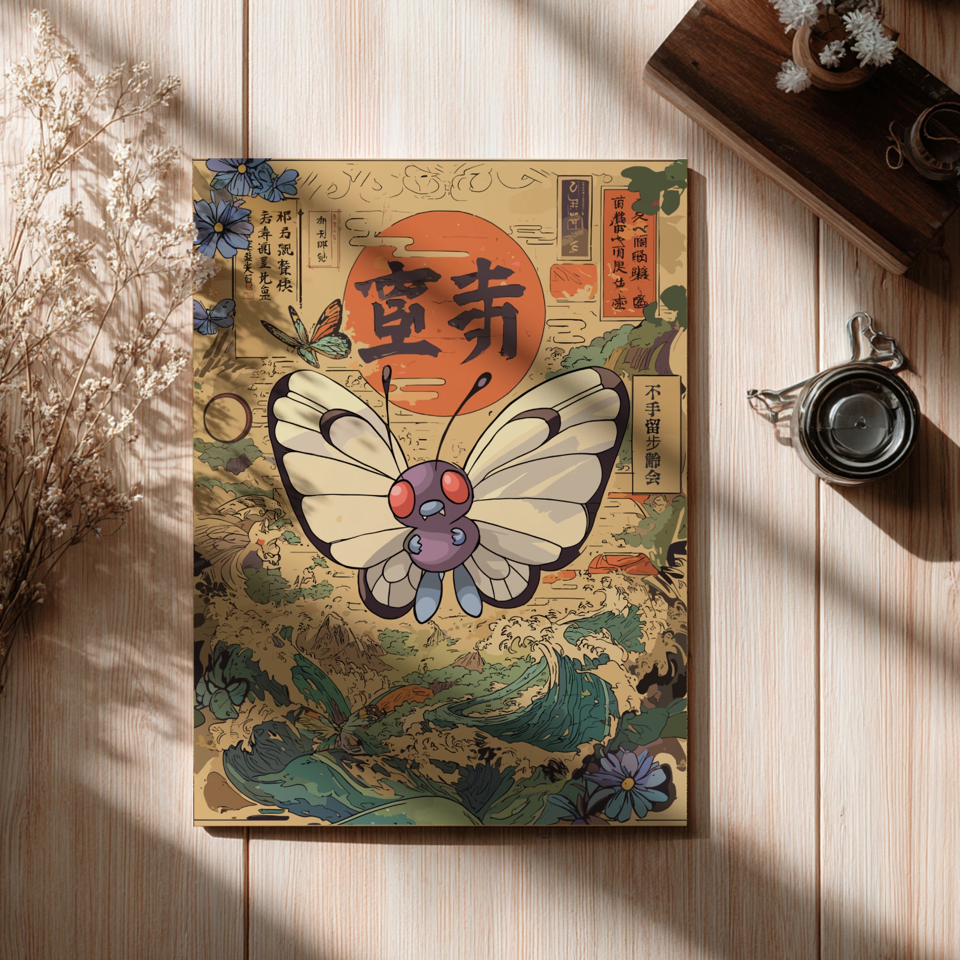 Decorative notebook with Butterfree Pokemon illustration on a wooden surface