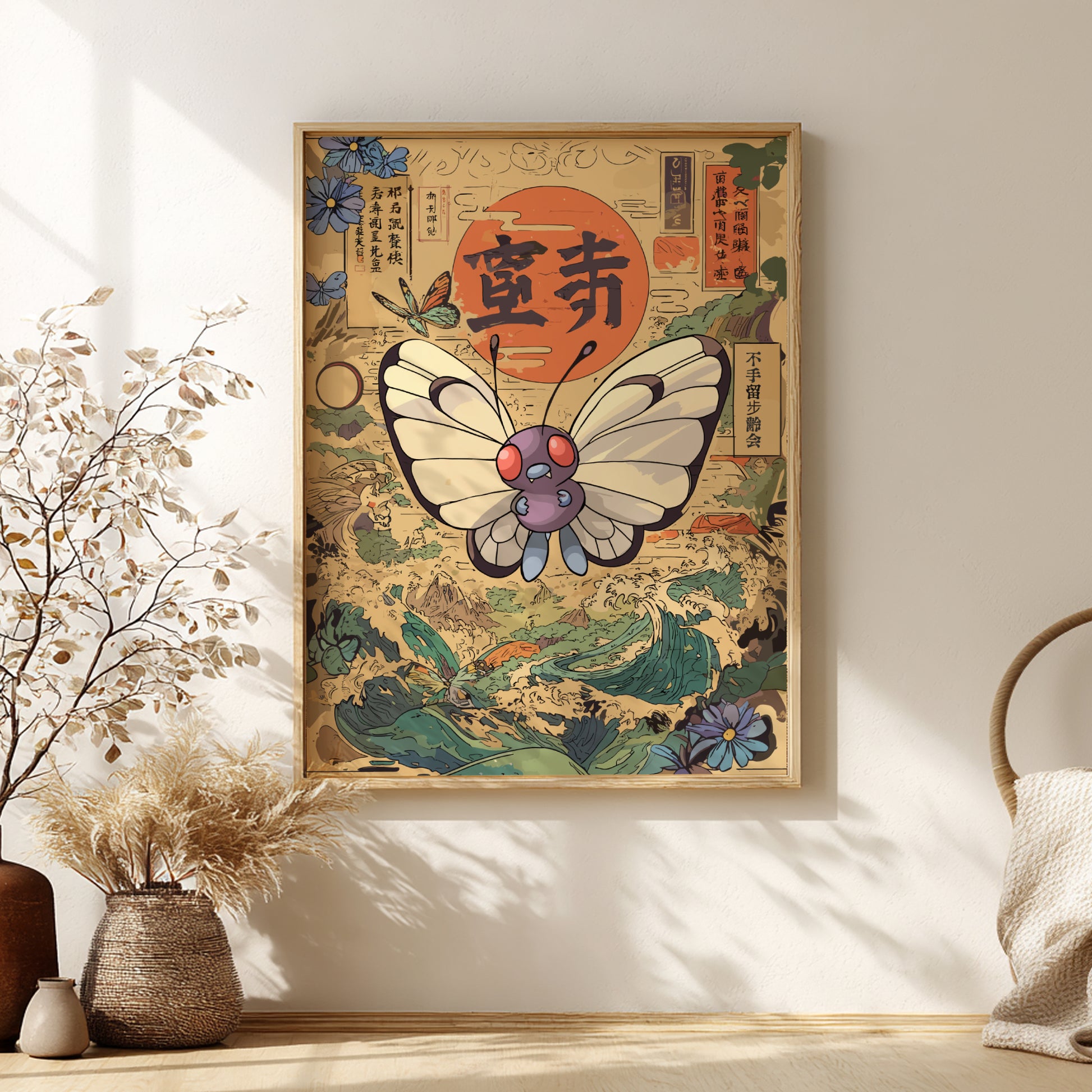 Decorative poster with Butterfree Pokemon design on a wall in a room with plants and a vase.
