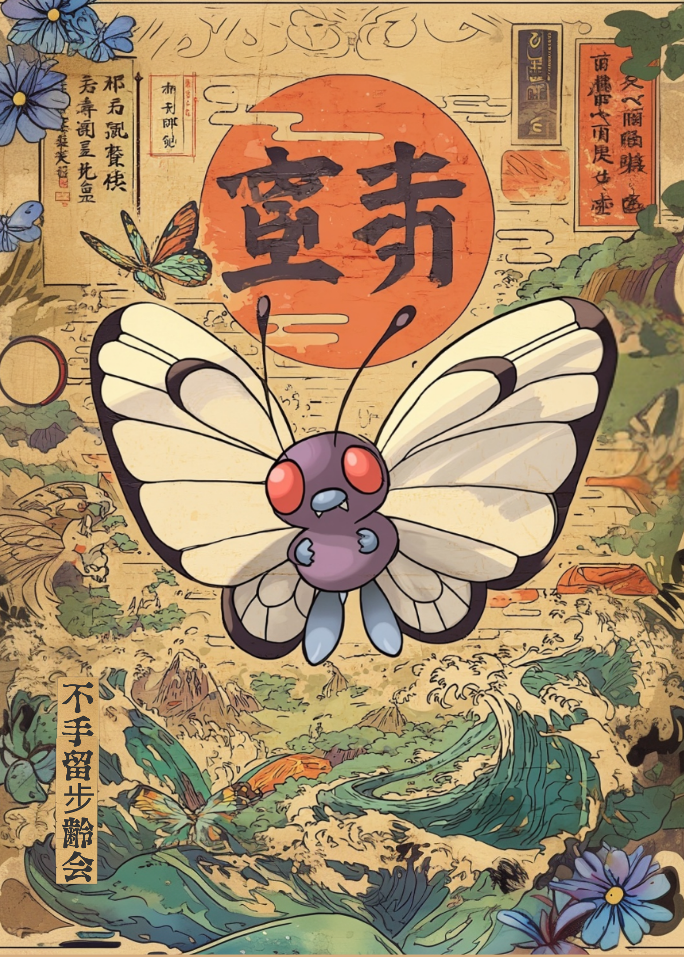 Butterfree Pokemon on a vintage-style background with text and illustrations.