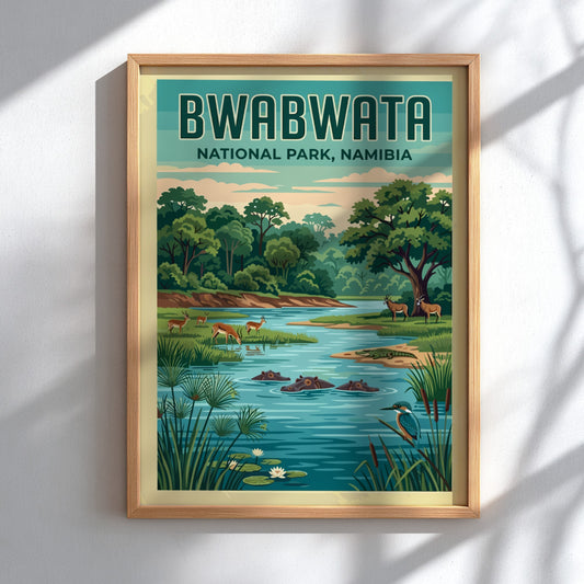 Bwabwata National Park poster featuring lush greenery, wildlife, and serene colors for nature-themed decor