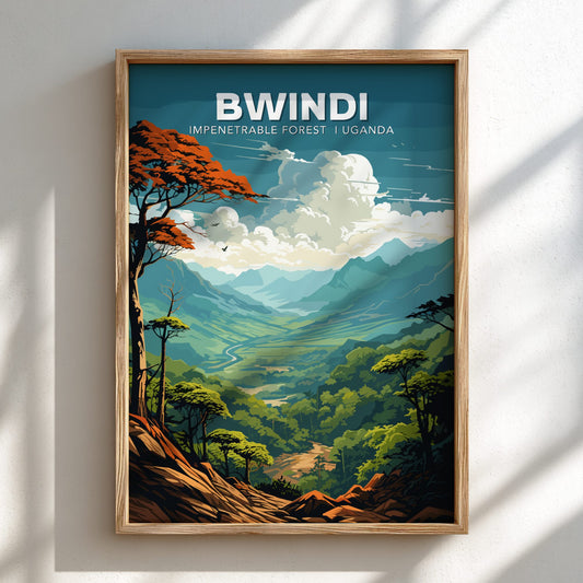 Framed artwork of Bwindi Impenetrable Forest, Uganda with a mountainous landscape.