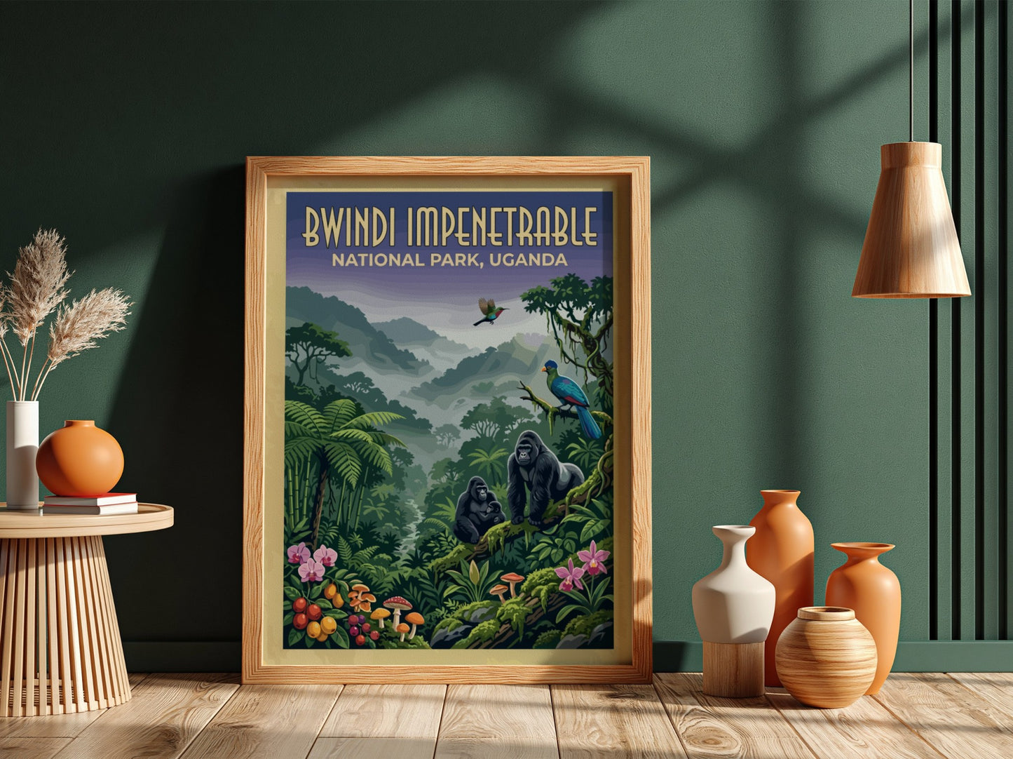 Bwindi Impenetrable poster featuring gorillas and tropical plants in vibrant colors