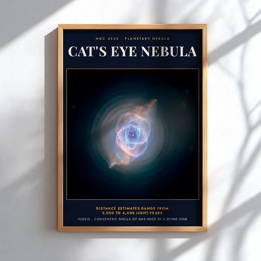 Poster displaying the Cat's Eye Nebula with glowing blue and orange gas clouds