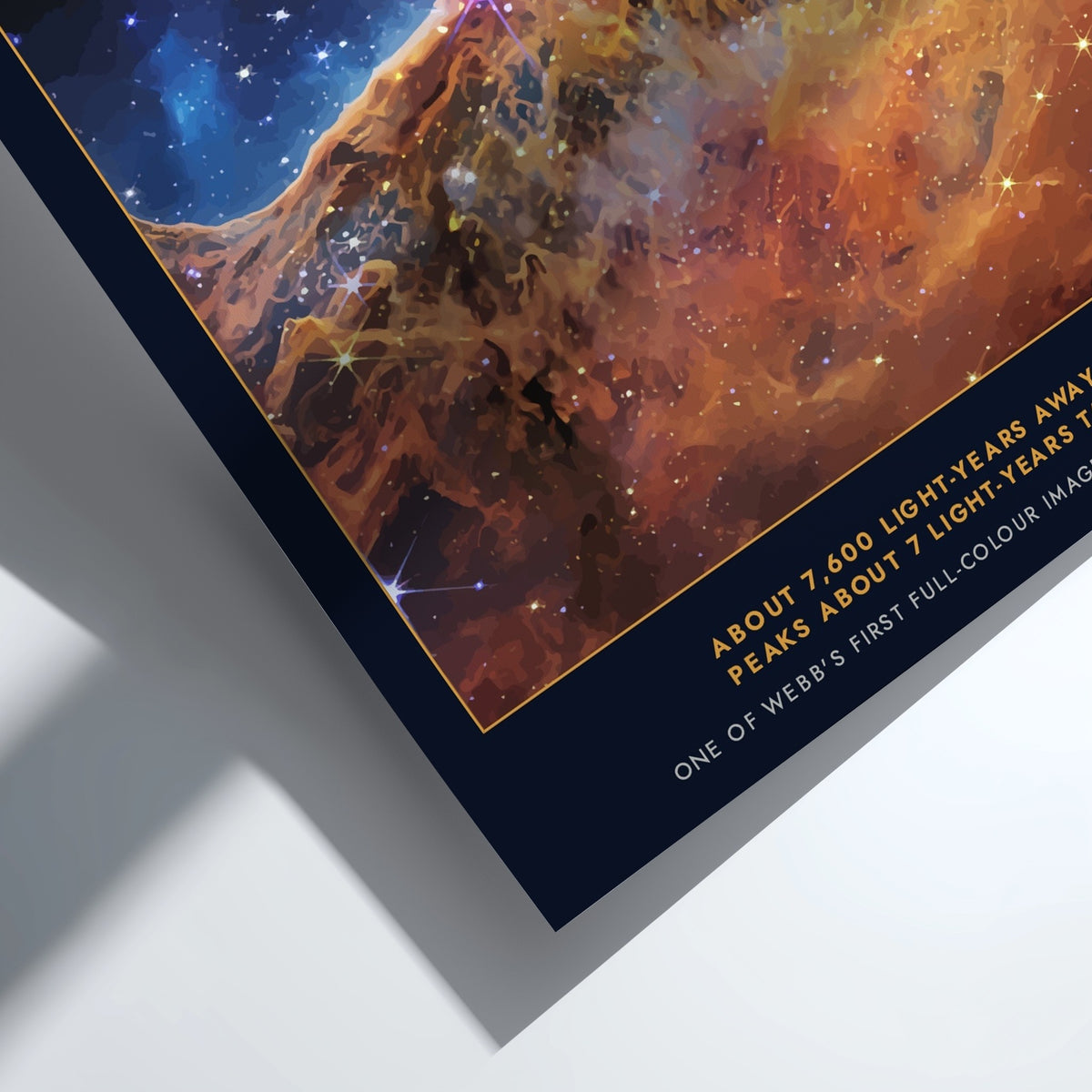 Poster displaying the Cosmic Cliffs of the Carina Nebula with golden pillars and stars