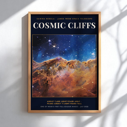 Poster displaying the Cosmic Cliffs of the Carina Nebula with golden pillars and stars