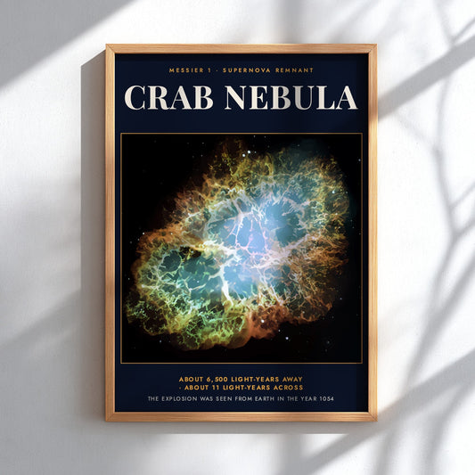 Crab Nebula poster featuring glowing teal and amber filaments against a deep black background.