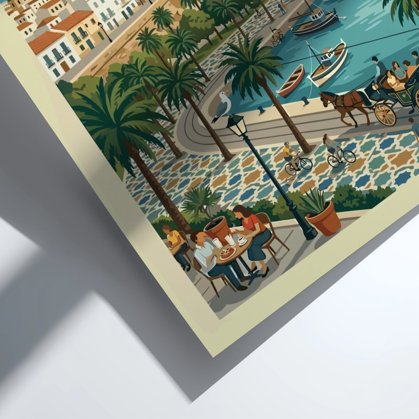 Vintage travel poster of Cadiz, Spain, featuring the city's cathedral and coastal promenade with palm trees.