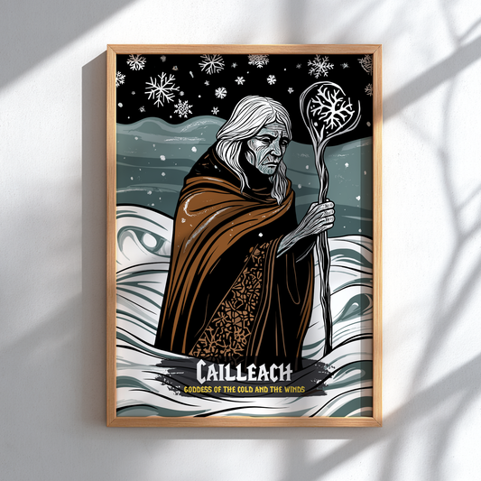 Framed artwork of a character named Cailleach against a snowy landscape.