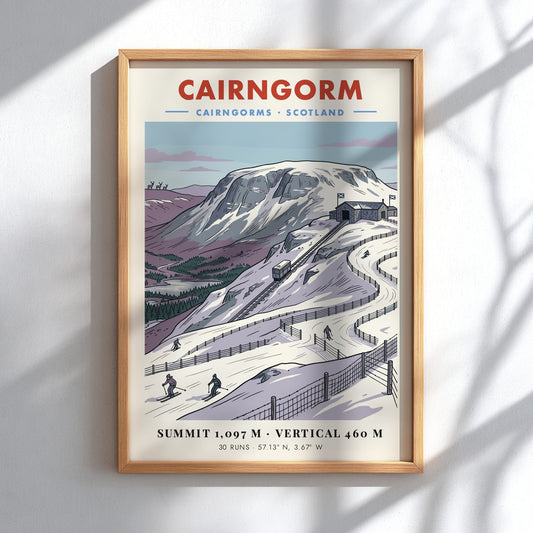Poster of Cairngorm mountain in Scotland featuring a funicular railway and skiers skiing.