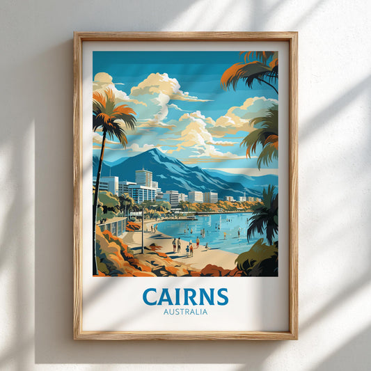Framed artwork of Cairns, Australia with a beach and mountain view.