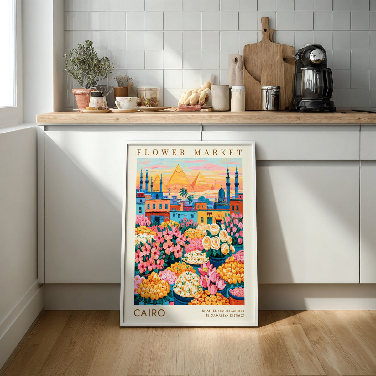 Flower market poster showcasing vibrant flowers and cityscape in Cairo with warm colors and intricate details