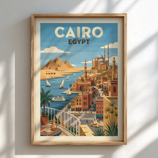 Vintage Cairo Egypt travel poster with pyramids, Nile River, and city skyline in a retro graphic style.
