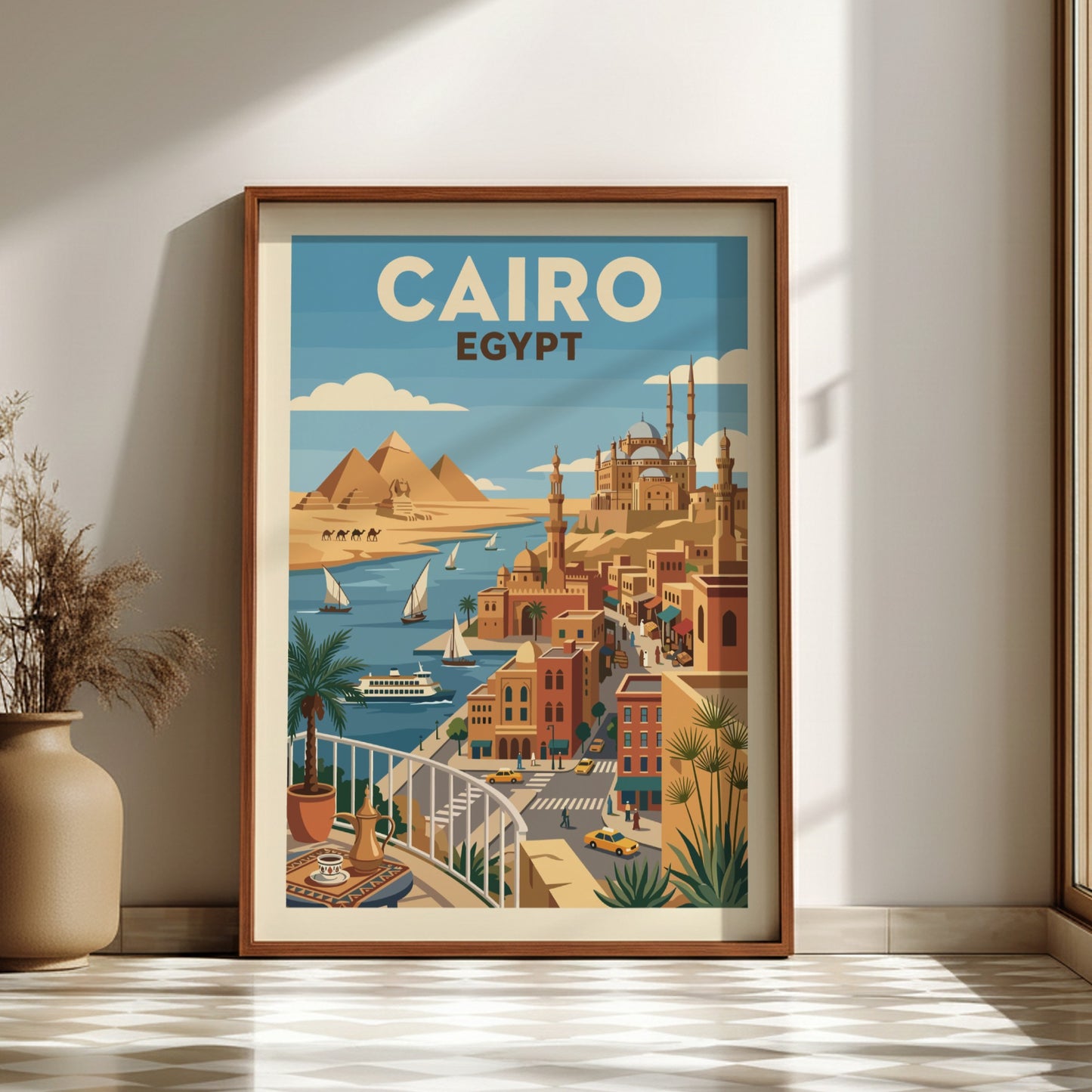 Vintage Cairo Egypt travel poster with pyramids, Nile River, and city skyline in a retro graphic style.