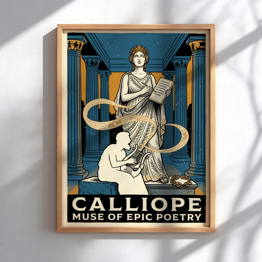 Poster featuring Calliope the muse of epic poetry with a seated musician in blue