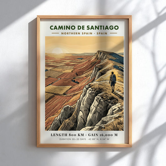 Poster of a hiker on a cliff overlooking the Camino de Santiago route