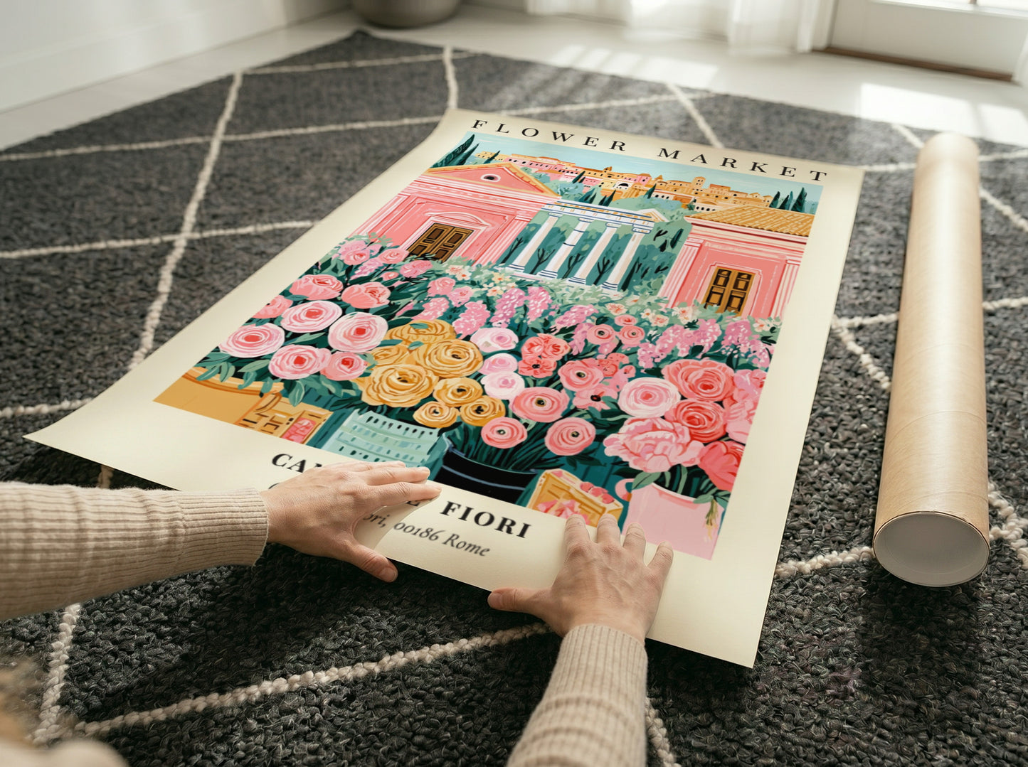 Floral art print featuring colorful flowers and Roman architecture in soft pastels