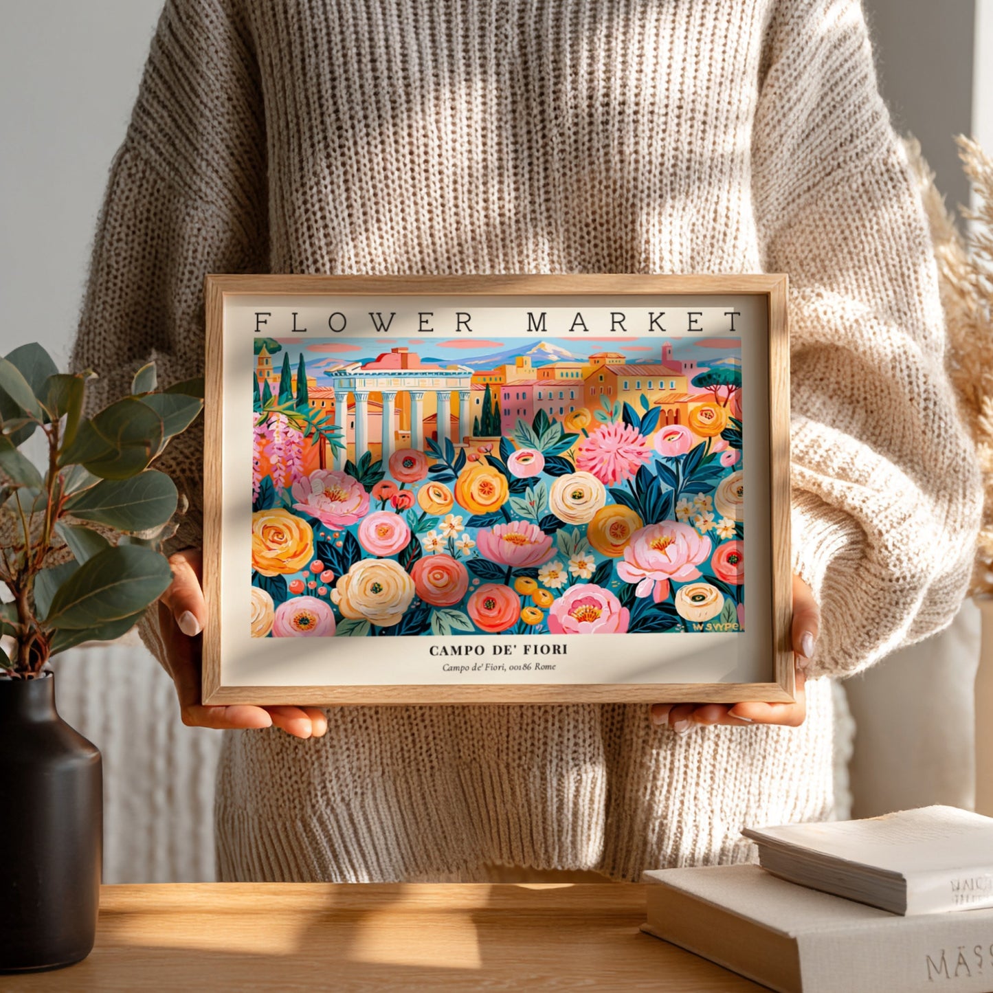 Flower market poster featuring vibrant flowers in a colorful scene