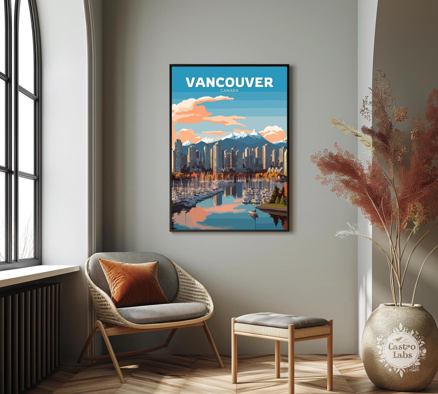 Vancouver Skyline Travel Poster, Vancouver Cityscape Wall Art, Vancouver Photo Print, Canada Artwork, Home Décor, Vancouver Poster