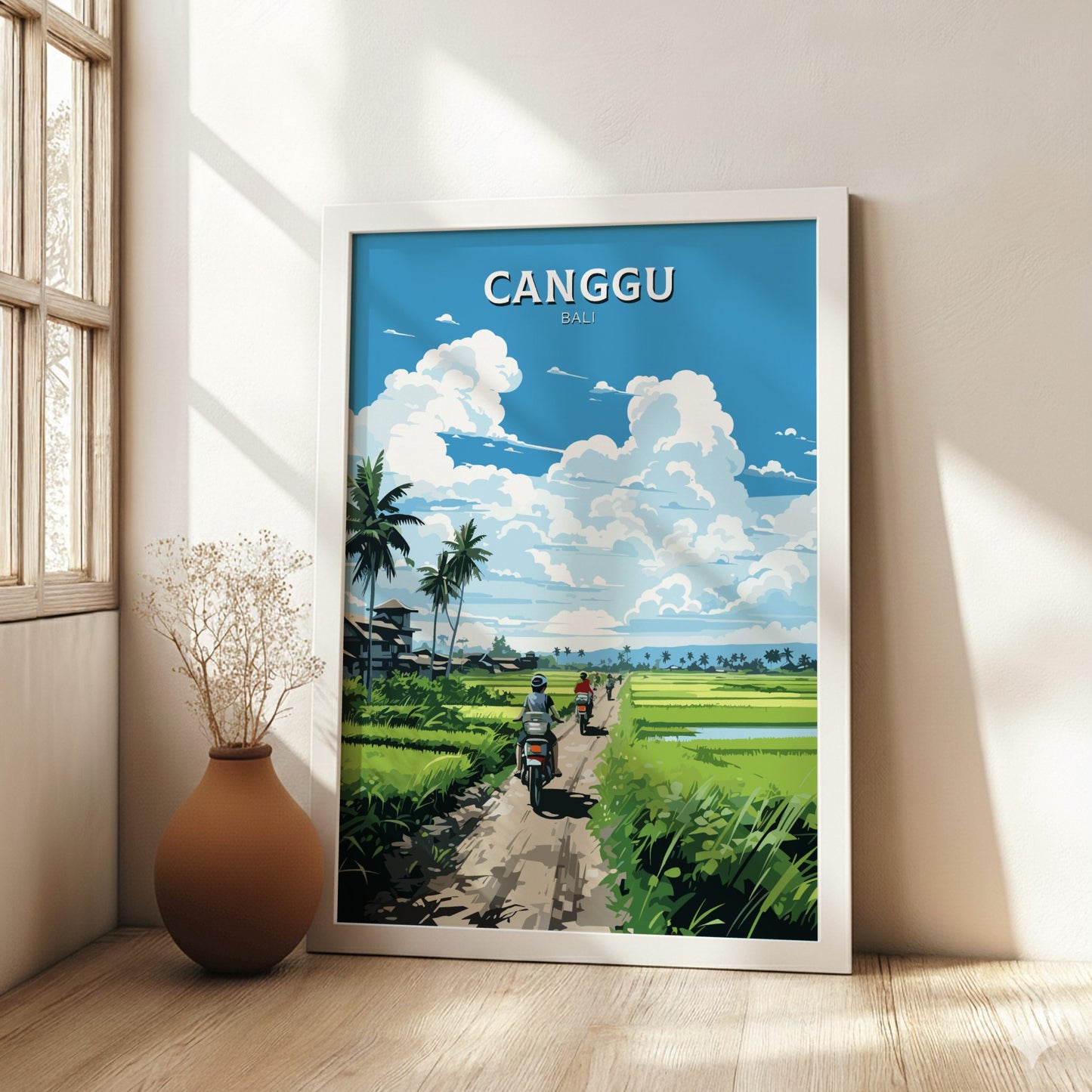 Framed artwork of Canggu, Bali with a scenic view of a road and rice fields.
