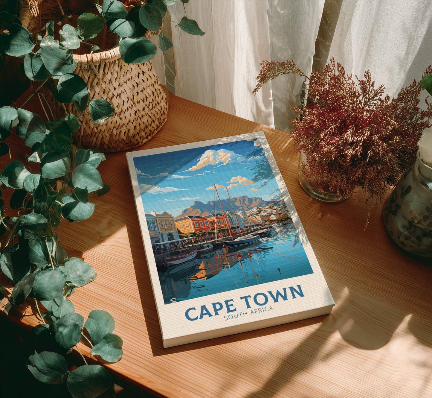 Canvas 'Cape Town, South Africa' on a wooden table with plants.