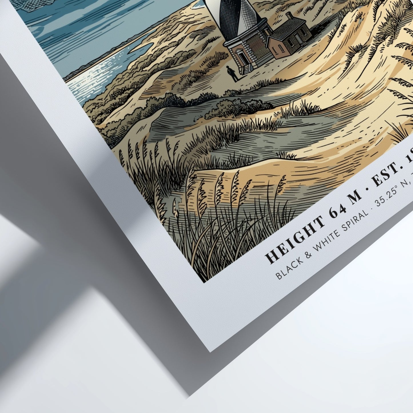 Poster of the Cape Hatteras lighthouse with black and white spirals on dunes.