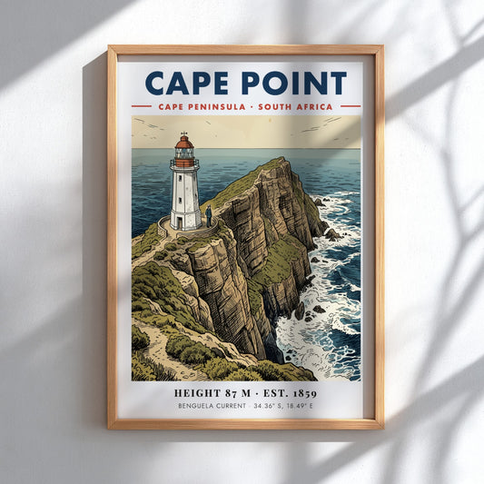 Poster of the Cape Point lighthouse on rugged cliffs overlooking the South African ocean
