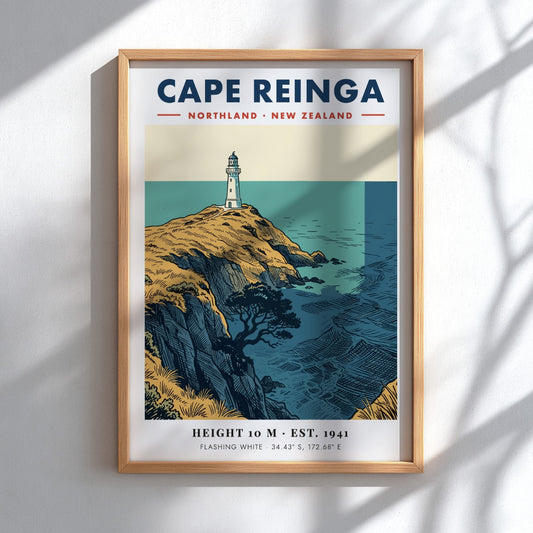 Poster of Cape Reinga lighthouse on golden cliffs overlooking the blue New Zealand ocean.